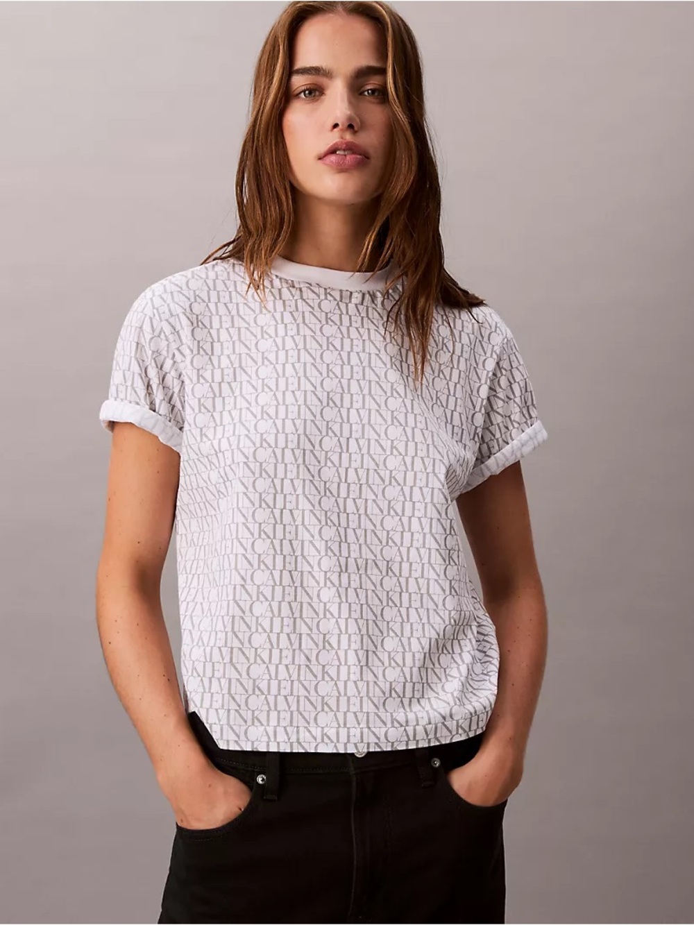 Calvin Klein White Short Sleeve Tee with Allover Gray Logo Print